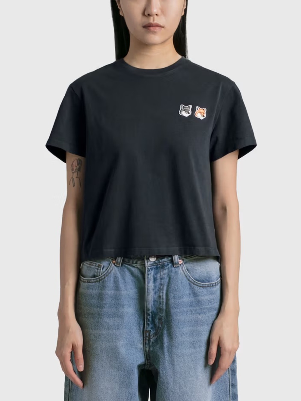 MAISON KITSUNÉ DOUBLE FOX HEAD PATCH CROPPED TEE-SHIRT size L in black
